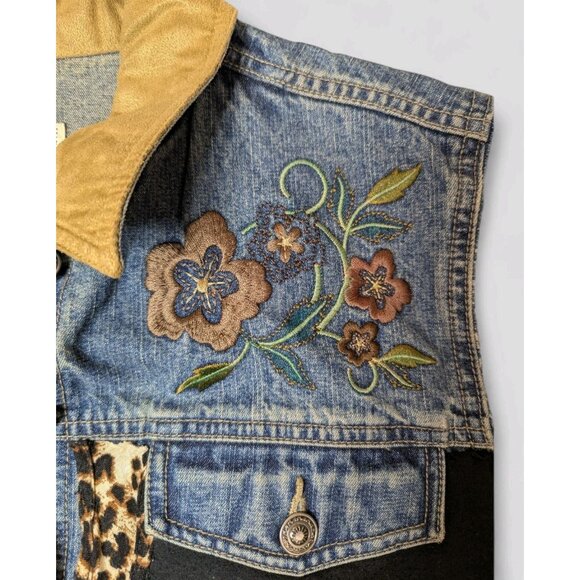 Vtg Womens Large Vest Denim Buffalo Cheetah Embroidery Fringe Bling War Bonnet - Picture 4 of 10
